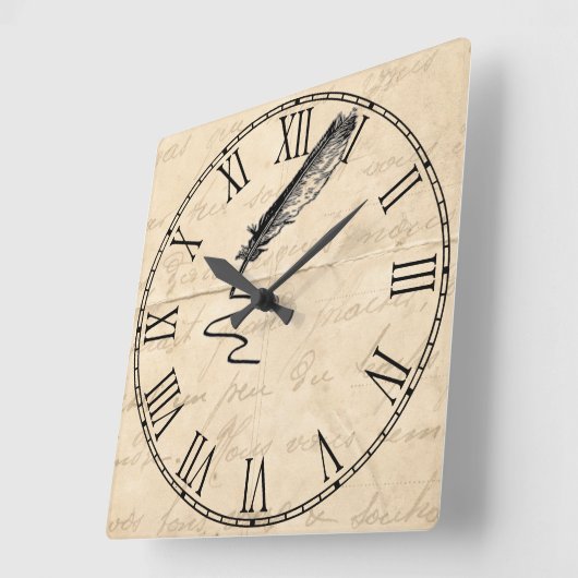 ヴィンテージの作家の羽のクイル スクエア壁時計 (傾斜)