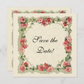 ヴィンテージの保存日付、ピンクの花の花柄のバラ セーブザデート (正面/裏面)