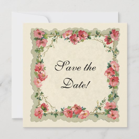 ヴィンテージの保存日付、ピンクの花の花柄のバラ セーブザデート (正面)