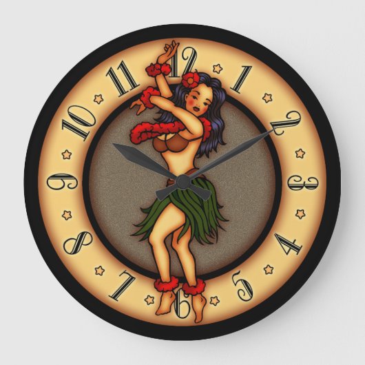 ヴィンテージの入れ墨の芸術のフラのダンサー ラージ壁時計 (正面)