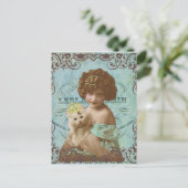 ヴィンテージの写真の小さな女の子および猫の郵便はがき ポストカード (スタンド正面)