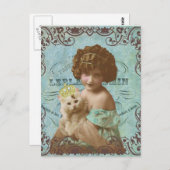 ヴィンテージの写真の小さな女の子および猫の郵便はがき ポストカード (正面/裏面)