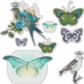 ヴィンテージの冠をかぶった鳥と蝶 シール (正面)