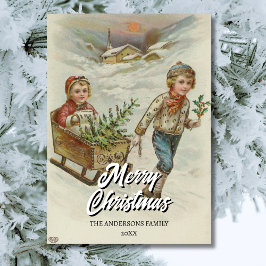 ヴィンテージの冬のそり遊びとクリスマスツリー シーズンカード