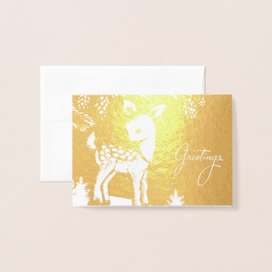 ヴィンテージの冬のシカのクリスマスの挨拶 箔カード (封筒付き正面)