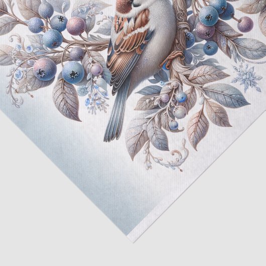 ヴィンテージの冬のスズメとブルーベリーのデコパージュ 薄葉紙 (詳細)
