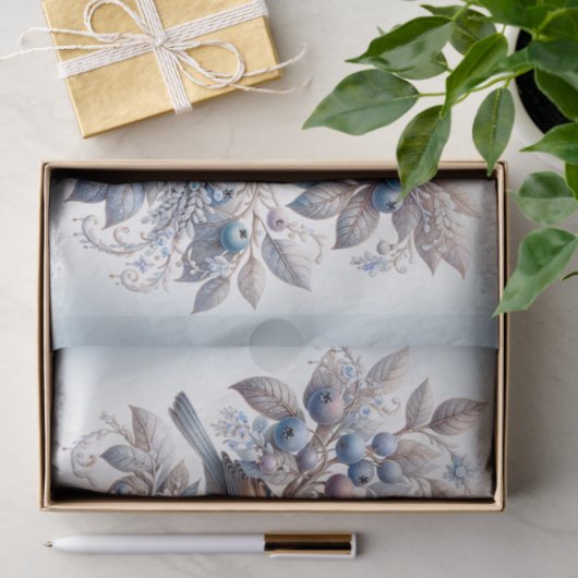 ヴィンテージの冬のスズメとブルーベリーのデコパージュ 薄葉紙 (ギフト)