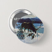 ヴィンテージの冬の雪の中の森の生物とヘラ鹿 缶バッジ (正面&裏面)