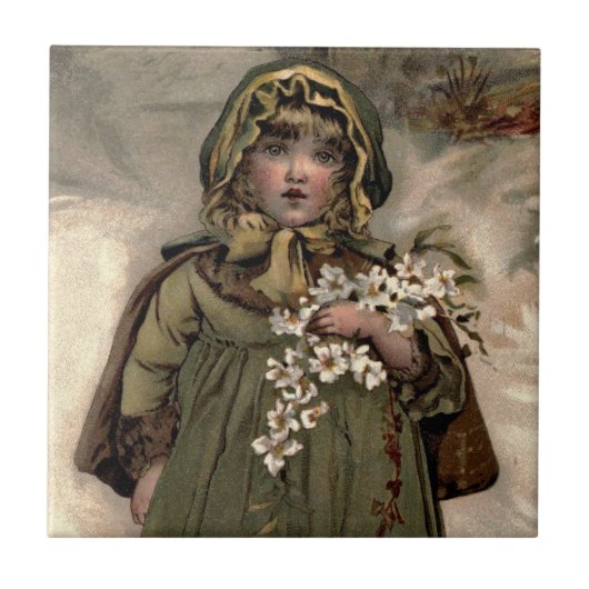 ヴィンテージの冬の雪の女の子 タイル (正面)