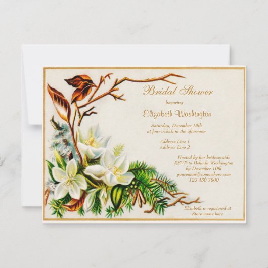 ヴィンテージの冬の雪教会及びユリのブライダルシャワー 招待状 (裏面)