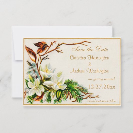 ヴィンテージの冬の雪教会及びユリは日付を救います セーブザデート (裏面)