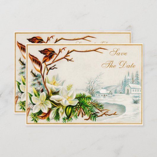 ヴィンテージの冬の雪教会及びユリは日付を救います セーブザデート (正面/裏面)