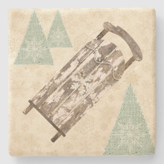 ヴィンテージの冬の雪片の木は素朴な ストーンコースター (正面)