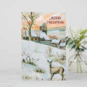 ヴィンテージの冬の風景と鹿のクリスマスカード (スタンド正面)