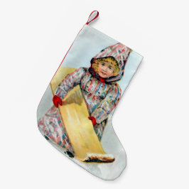 ヴィンテージの冬のSledding女の子 スモールクリスマスストッキング