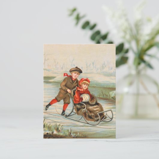 ヴィンテージの冬のSledding郵便はがき シーズンポストカード (スタンド正面)