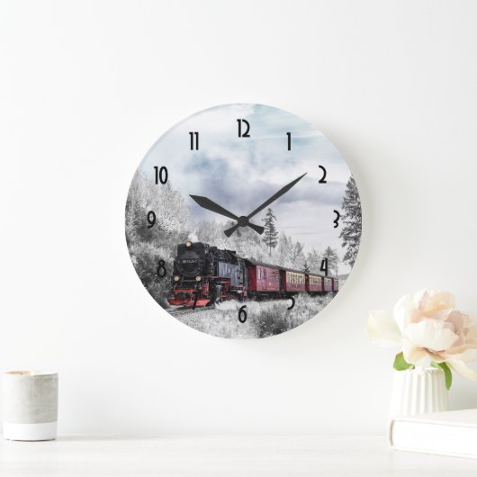 ヴィンテージの列車の冬のクリスマス場面 ラージ壁時計 (ホーム)