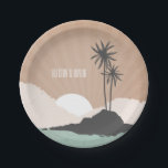 ヴィンテージの刺激を受けたな島のビーチ結婚式 ペーパープレート<br><div class="desc">地平線で雲および日没の島の2つのヤシの木のイラストレーションを特色にするプレート。 ジルのPaperieのLook for一致の結婚式招待状および多く。</div>