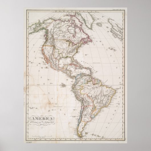 ヴィンテージの北と南アメリカの地図（1843年） ポスター (正面)