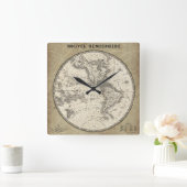 ヴィンテージの北半球の地図 スクエア壁時計 (ホーム)