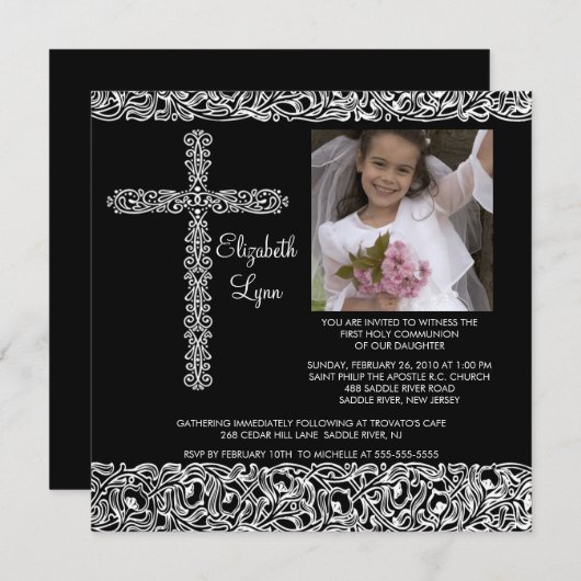 ヴィンテージの十字の写真の最初聖餐Inviation 招待状 (正面/裏面)