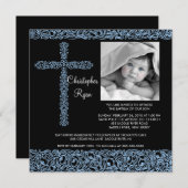 ヴィンテージの十字の写真の洗礼のInviationの男の赤ちゃん 招待状 (正面/裏面)