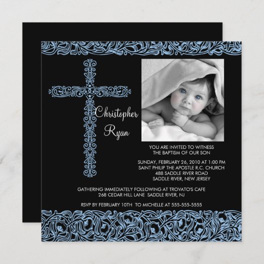 ヴィンテージの十字の写真の洗礼のInviationの男の赤ちゃん 招待状 (正面/裏面)