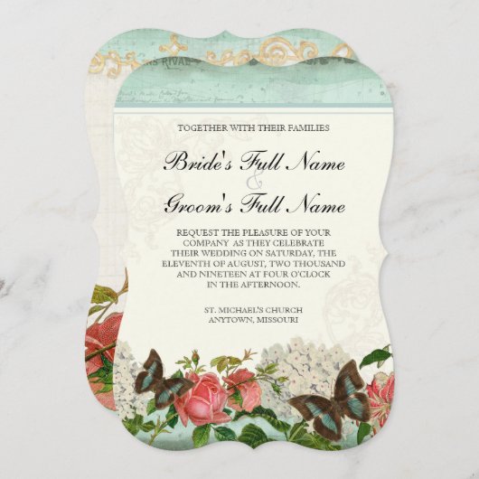 ヴィンテージの占星家ユリのばら色の蝶nアジサイ 招待状 (正面/裏面)