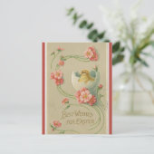 ヴィンテージの卵ピンクの花の渦巻きイースターポスト ポストカード (スタンド正面)