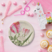 ヴィンテージの原稿のオウムのチューリップの芸術のピンクのブライダルシャワー ペーパープレート (パーティー)