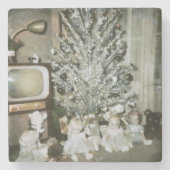 ヴィンテージの古いおもちゃが付いているアルミニウムクリスマスツリー ストーンコースター (正面)