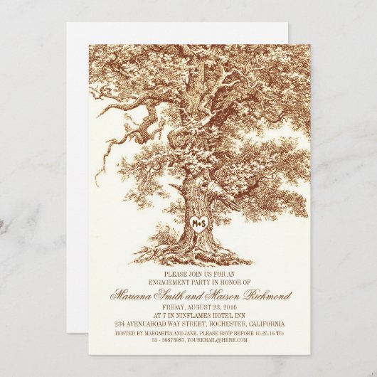 ヴィンテージの古いオークの木の素朴な婚約パーティ 招待状 (正面/裏面)