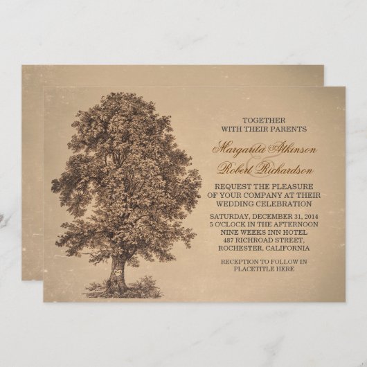ヴィンテージの古いオークの木の結婚式招待状 招待状 (正面/裏面)