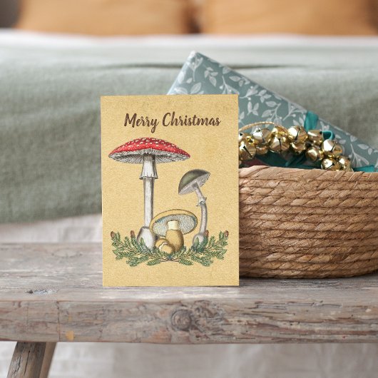ヴィンテージの古いキノコ菌類の茶色のクリスマス シーズンカード