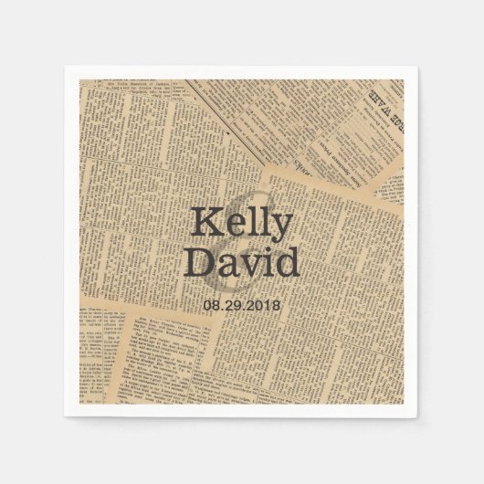 ヴィンテージの古い新聞の背結婚景 スタンダードカクテルナプキン (正面)