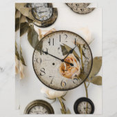 ヴィンテージの古い時計と白いバラと葉バラ (正面/裏面)