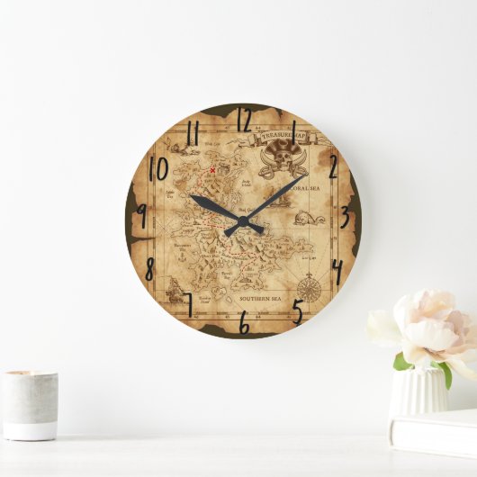 ヴィンテージの古い海賊宝物地図Xは点を示します ラージ壁時計 (ホーム)