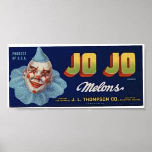 ヴィンテージの古いJo Joのピエロのメロンのフルーツの木枠のラベル ポスター