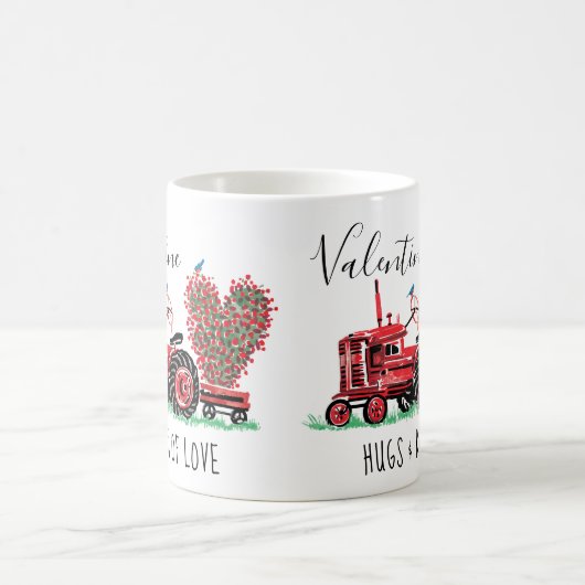 ヴィンテージの古く赤いトラクターの花のハートのタイポグラフィ コーヒーマグカップ (中央)