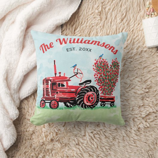 ヴィンテージの古く赤いトラクターの花のハートの名前年 クッション (ブランケット)
