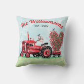 ヴィンテージの古く赤いトラクターの花のハートの名前年 クッション (裏面)