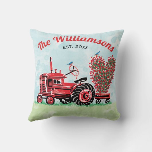 ヴィンテージの古く赤いトラクターの花のハートの名前年 クッション (裏面)