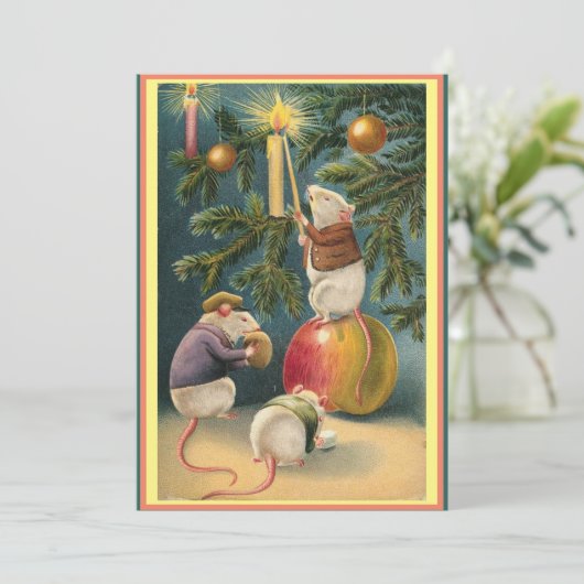 ヴィンテージの可愛いネズミがろうそくを灯すクリスマスツリー シーズンカード (スタンド正面)