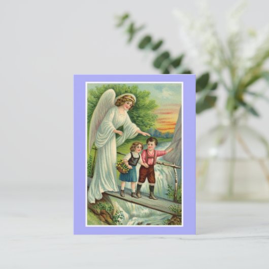 ヴィンテージの可愛い少年と少女と守護天使 ポストカード (スタンド正面)