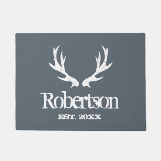 ヴィンテージの名前をカスタムするを用いる灰色のシカの枝角のドア・マット ドアマット (正面)