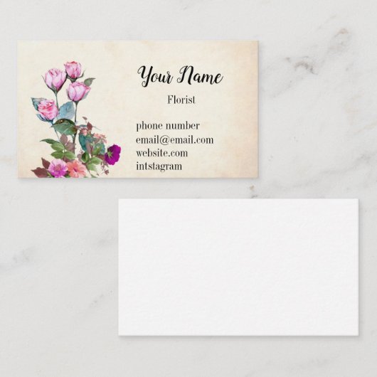 ヴィンテージの図解入りの、写真付きのな花のピンク 名刺 (正面/裏面)