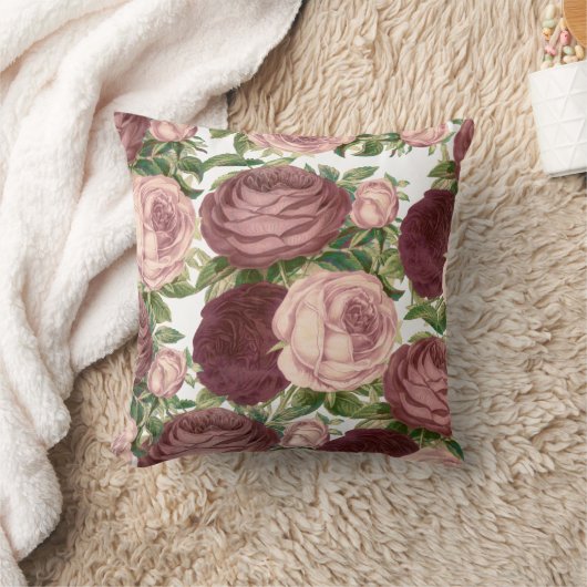 ヴィンテージの国のシックなバーガンディのピンクのバラの花 クッション (ブランケット)
