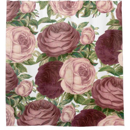 ヴィンテージの国のシックなバーガンディのピンクのバラの花 シャワーカーテン (正面)