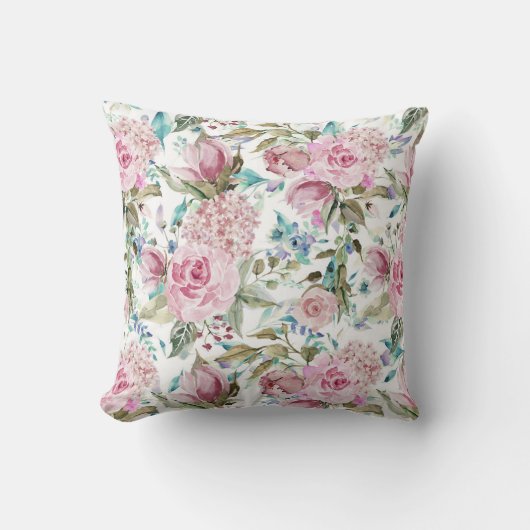 ヴィンテージの国のシックなピンクのティール(緑がかった色)のラベンダーの花柄 クッション (正面)