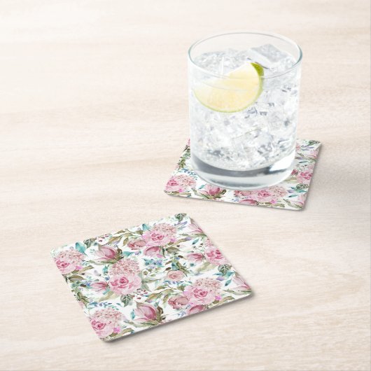 ヴィンテージの国のシックなピンクのティール(緑がかった色)のラベンダーの花柄 スクエアペーパーコースター (インサイチュ)